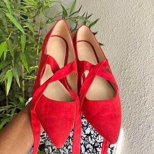 Romantic Elegant Red lace tie up string pointed toe ballet ballerina flats shoes